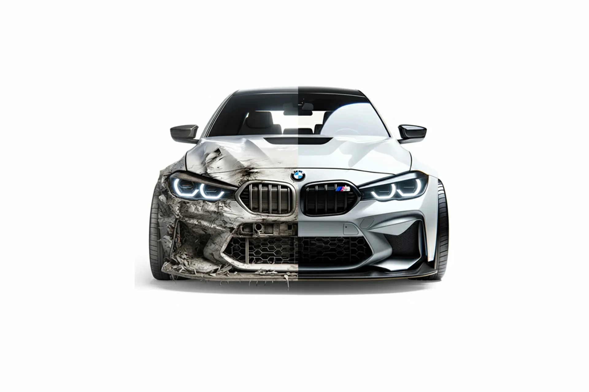 Half-damaged half-repaired car symbolizing LetGoRide buying used and damaged vehicles with fast cash offers.