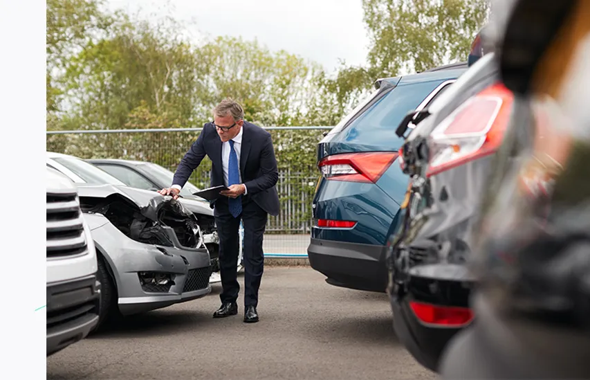 Vehicle appraiser inspecting a damaged car for LetGoRide, offering fair cash deals for used and accident vehicles.
